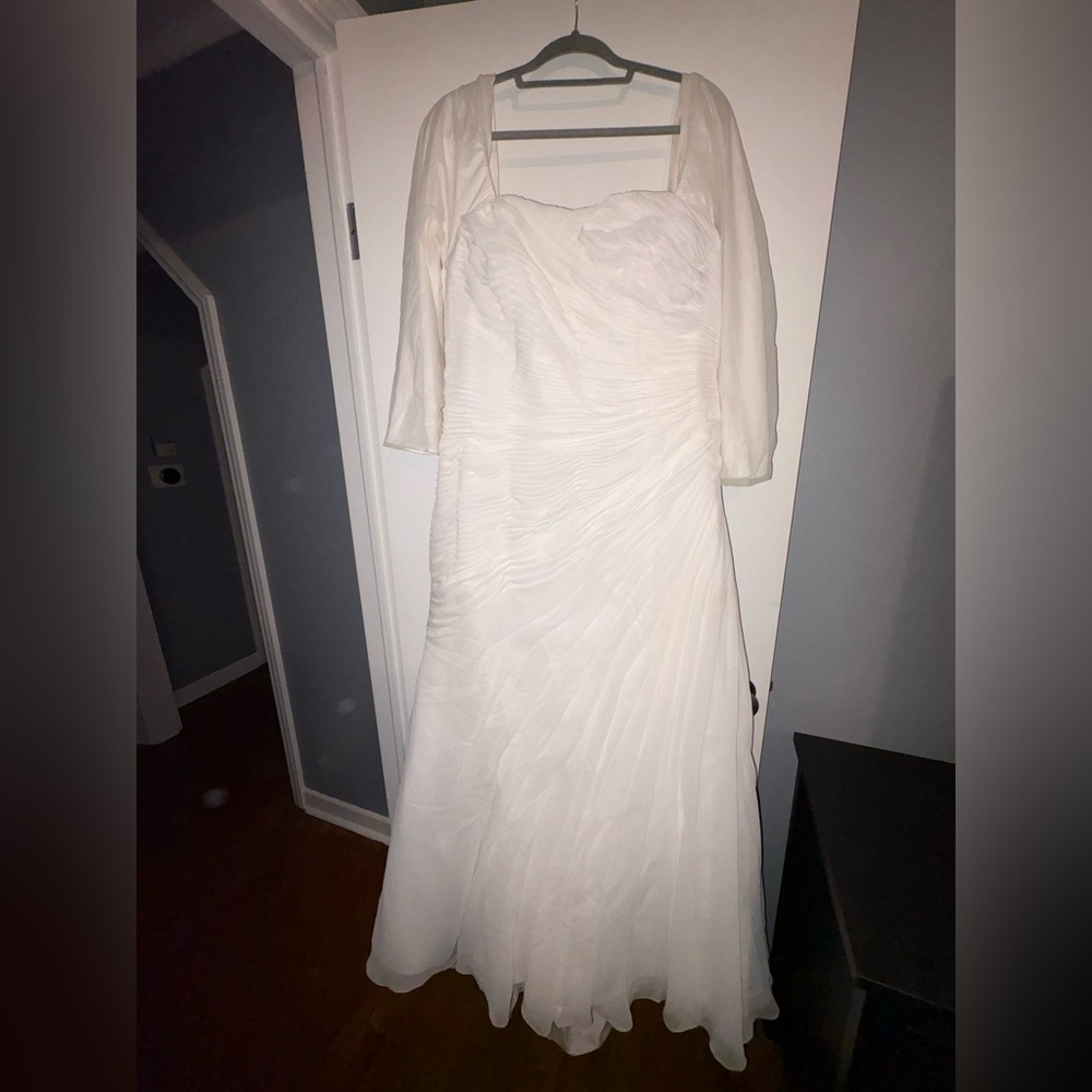 David's Bridal White Long Sleeve Chiffon Wedding Dress with Beaded Belt - Picture 5 of 12
